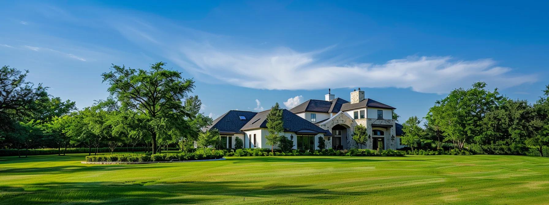 a modern texas home with security features like cameras and alarms, surrounded by lush greenery, under a clear blue sky.