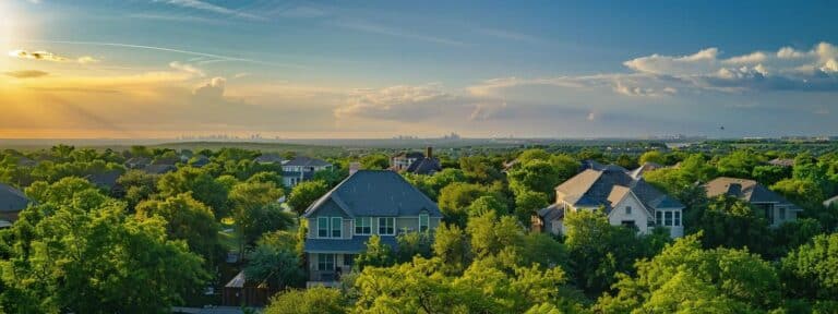 a vibrant, modern home nestled among green trees under a clear blue sky, representing various insurance options for texas homeowners.