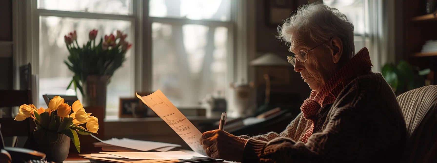a person carefully reviewing a detailed homeowners insurance policy document on a well-lit desk.