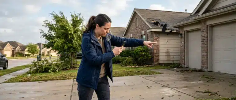 Houston homeowner documenting storm roof damage for Texas home insurance claim process