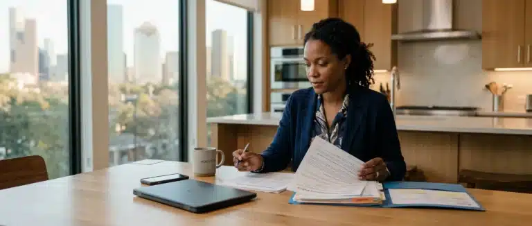 Houston homeowner reviewing insurance documents and comparing home insurance quotes