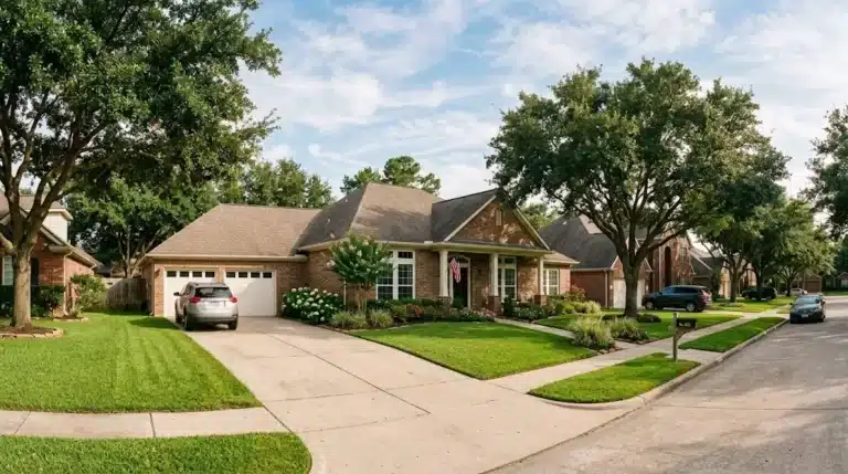 Home insurance in Houston TX — suburban brick home with manicured lawn