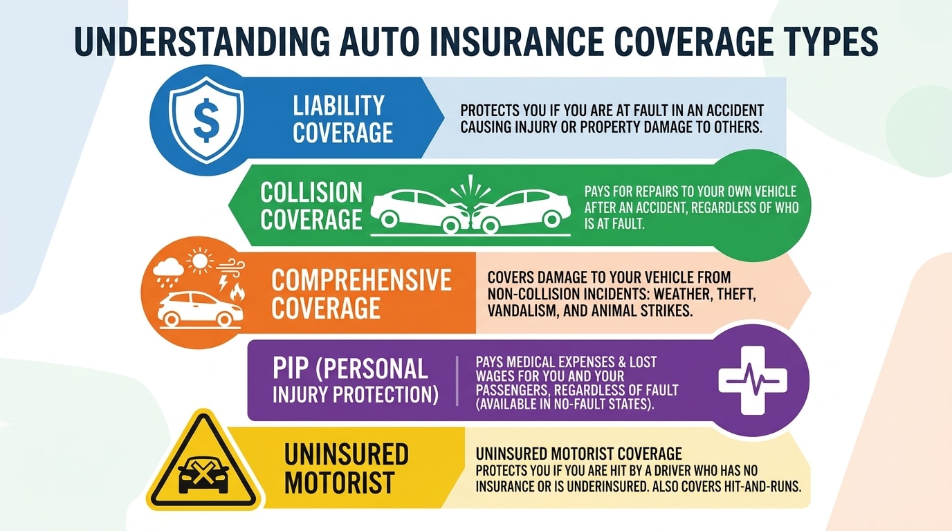 Visual representation of various auto insurance coverage options available in Houston with icons for liability, collision, comprehensive, and PIP coverage