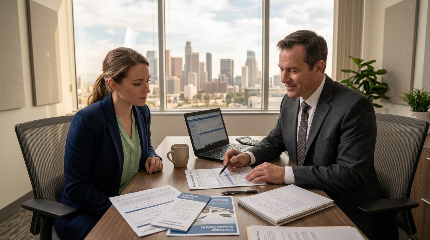 Person filing an auto insurance claim with necessary documents in a realistic office setting with an insurance agent