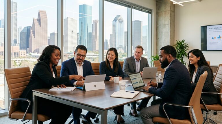 Group of diverse individuals discussing auto insurance options in a modern office with Houston skyline visible