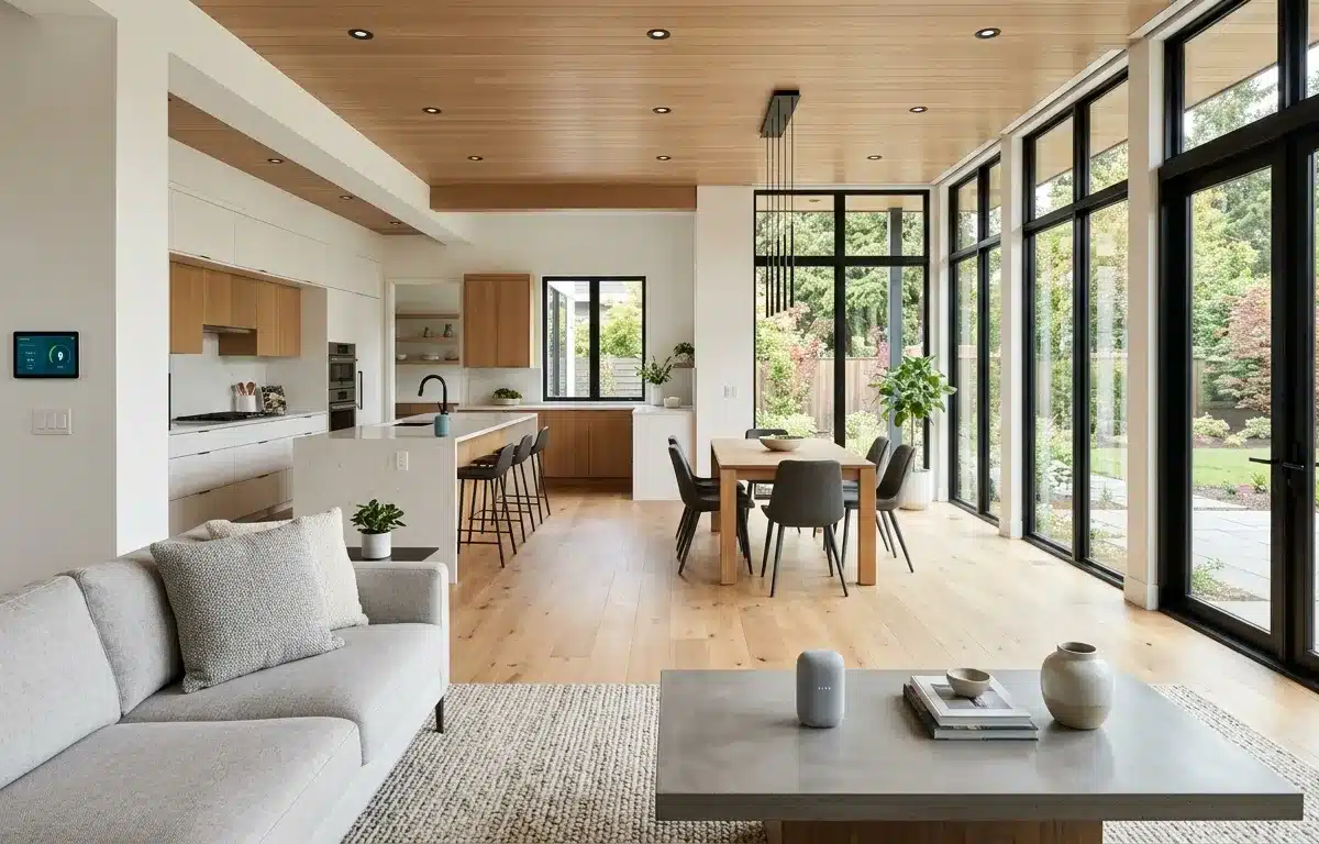 Modern new house interior with open floor plan and smart home technology