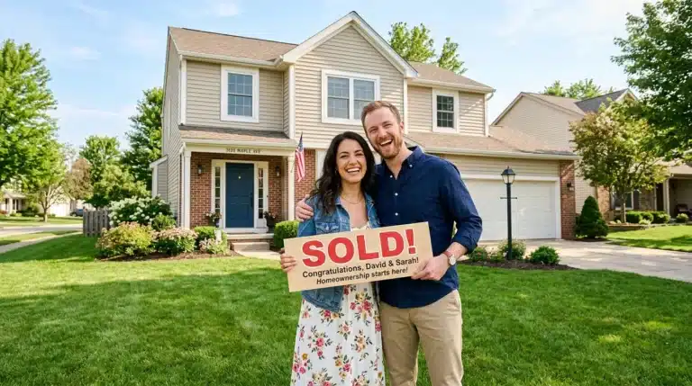 Happy couple in front of their new house celebrating new homeownership