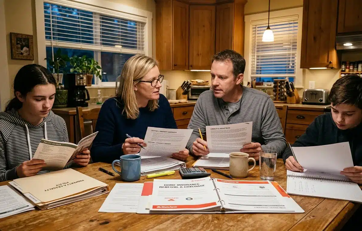 Family reviewing home insurance documents at the kitchen table