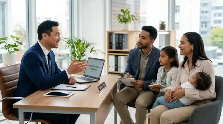 Houston family meeting with insurance agent to discuss life insurance coverage needs