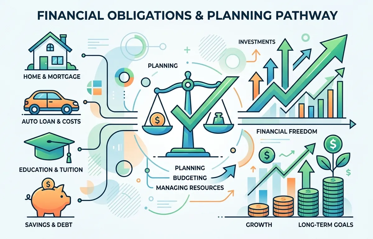 Visual breakdown of financial obligations including mortgage, car loans, education, and retirement savings
