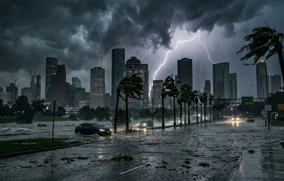 Houston weather risks including hurricanes, flooding, and severe storms affecting life insurance coverage needs