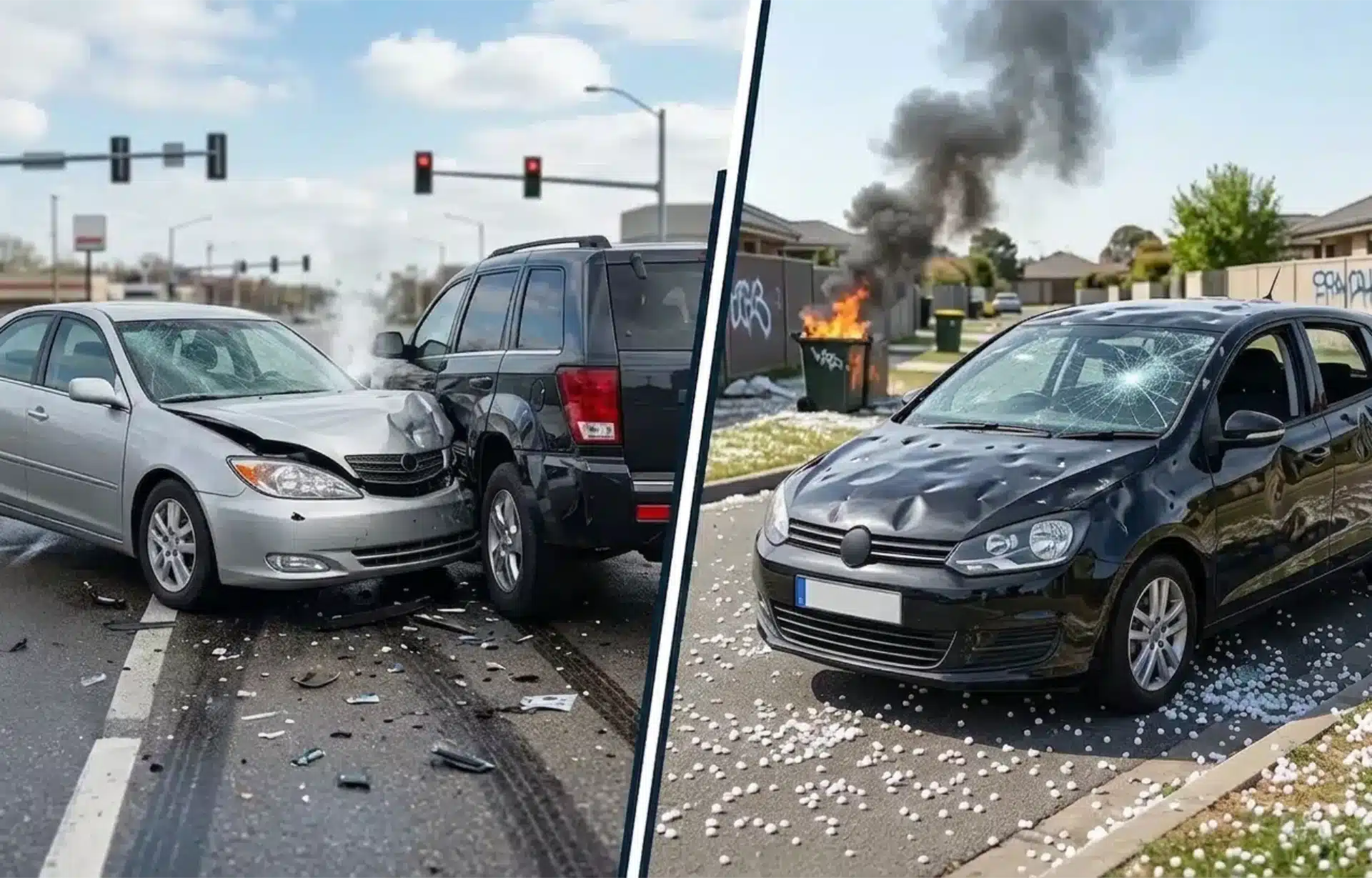 Split-screen comparison showing collision damage on left and comprehensive coverage damage on right