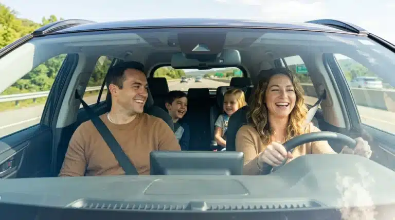 Family of four driving together safely in a car on a sunny day, representing full coverage car insurance protection