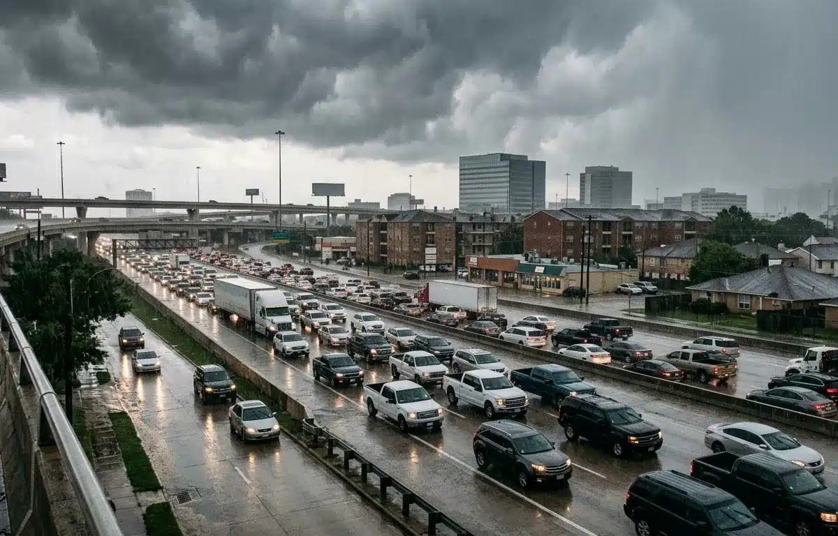 Houston weather and traffic impact on auto insurance costs showing heavy rain and congestion