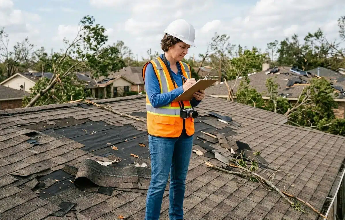 Insurance adjuster inspecting hurricane roof damage on a Houston home