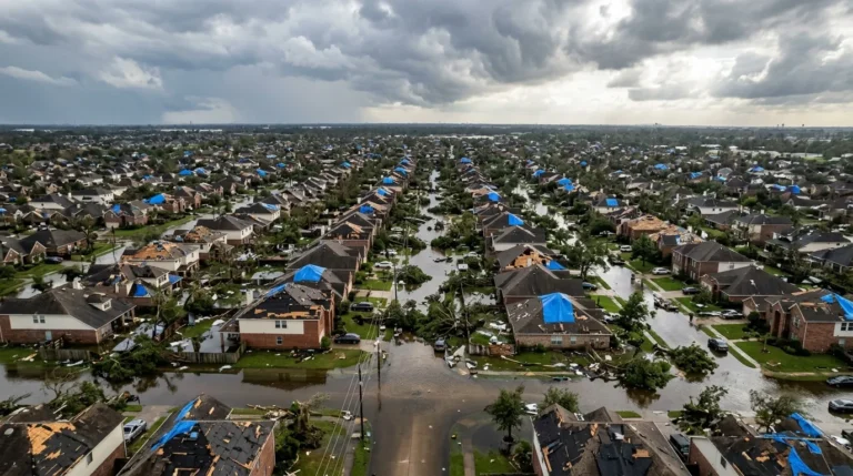 Hurricane damage to Houston neighborhood showing flooded streets and damaged homes