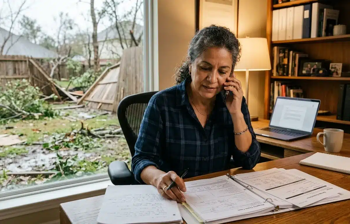 Houston homeowner calling insurance company to follow up on hurricane insurance claim