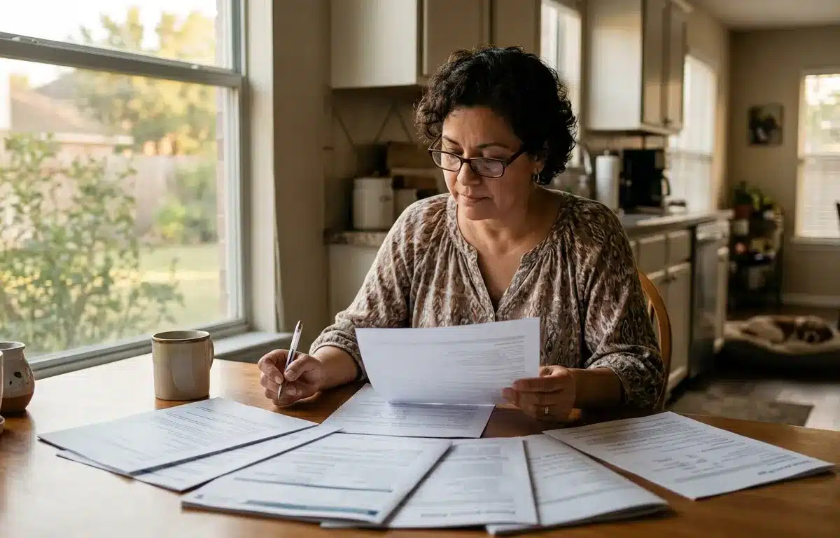 Houston homeowner reviewing hurricane insurance policy documents before storm season