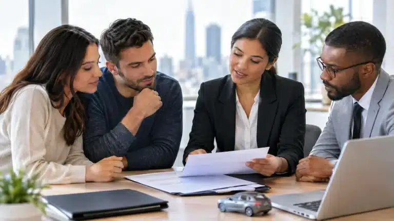People reviewing affordable car insurance options in a Houston office