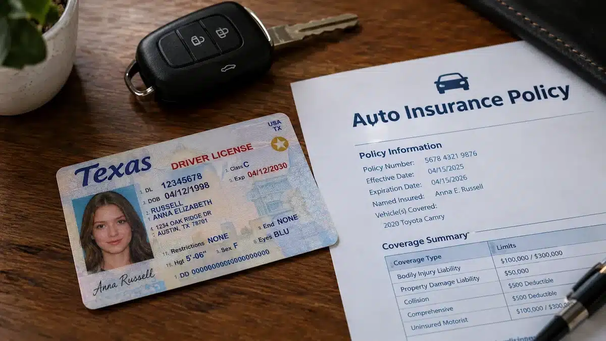 Texas driver's license and car insurance policy documents on a desk