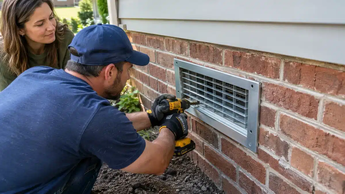 Contractor installing a flood vent in a home foundation to reduce flood insurance costs
