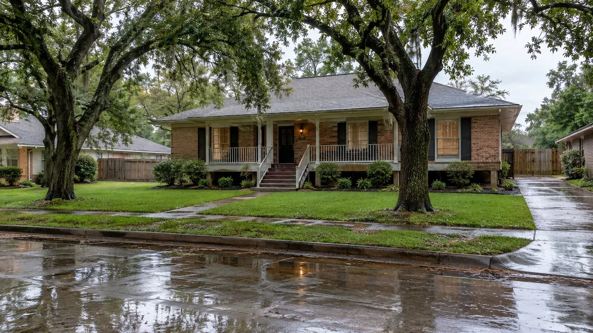 Raised brick home in a Houston neighborhood on a wet street after heavy rain