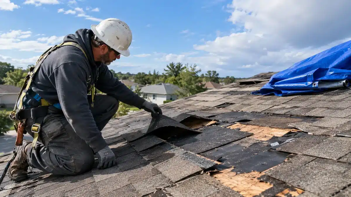 Roofer inspecting wind-damaged shingles on a Houston home after a storm