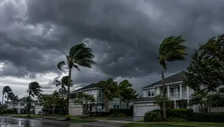 Storm clouds and strong winds over a Houston-area neighborhood during hurricane season