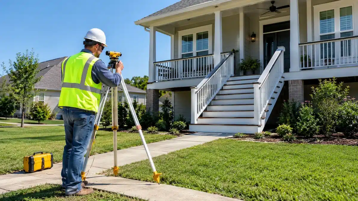 Surveyor measuring home elevation for a Houston flood insurance elevation certificate
